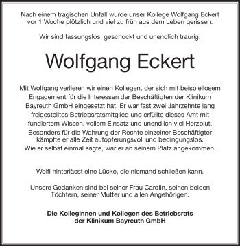 Traueranzeigen Von Wolfgang Eckert Nordbayerischer Kurier