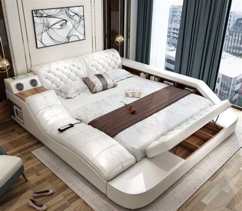 Leather Bed With Storage Safe Speaker Led Light For Bedroom Furnitu