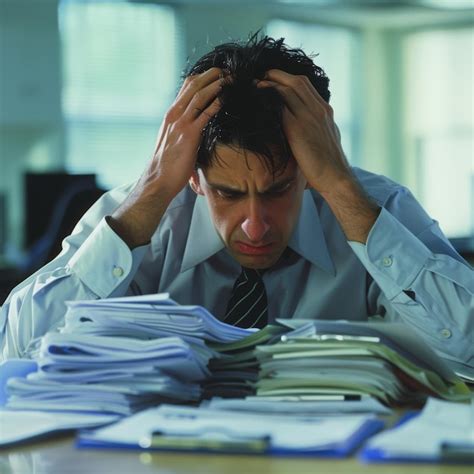 Frustrated Office Worker Holding Head In Hands Overwhelmed By Stacks Of