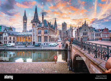 Panoramic View Of The Historic City Center Of Ghent With Leie River