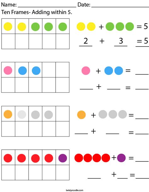 Ten Frames Adding Within 5 Math Worksheet Twisty Noodle Worksheets