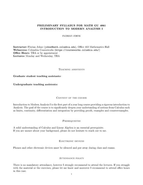 Syllabus Modern Analysis - PRELIMINARY SYLLABUS FOR MATH GU 4061
