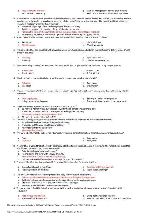 SOLUTION Mcnp Fundamentals Of Nursing Test 4 Studypool