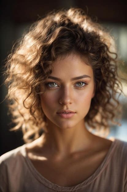 Premium Ai Image A Model With Curly Hair And A Light Blue Eyes