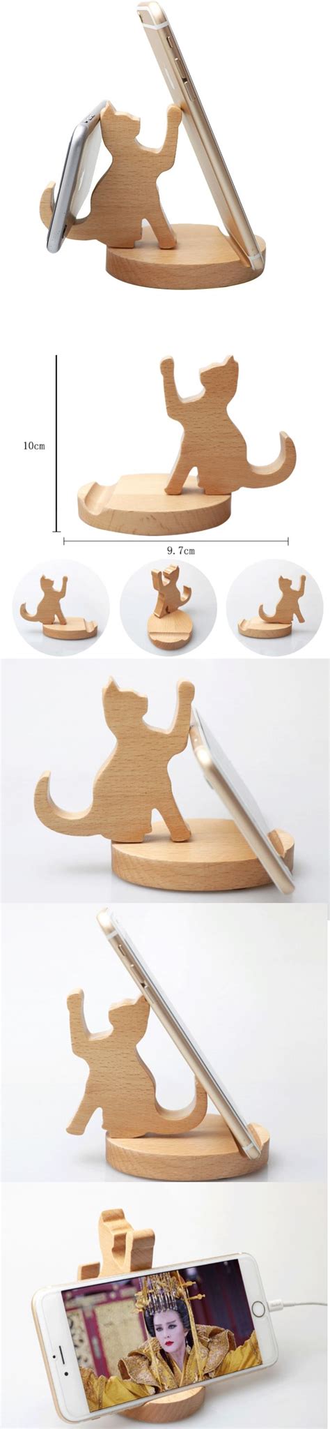 Wooden Wood Cat Shape Iphone Cell Phone Smartphone Ipad Stand Mount