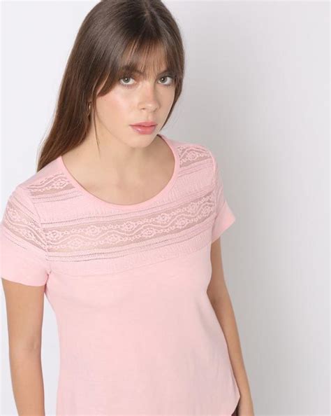 Round Neck T Shirt With Lace Panel Jiomart