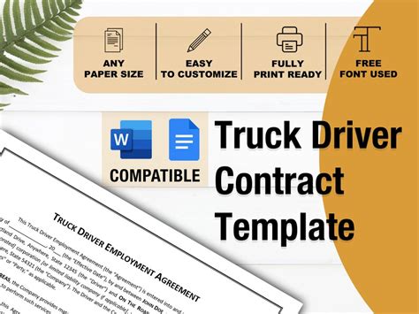 Truck Driver Contract Template Simple Driver Agreement Etsy