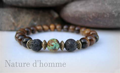 Bijou Homme Bracelet Il De Tigre Roche Volcanique Et Turquoise