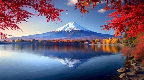 日本の秋の紅葉を持つ朝の富士山と湖 プレミアム写真