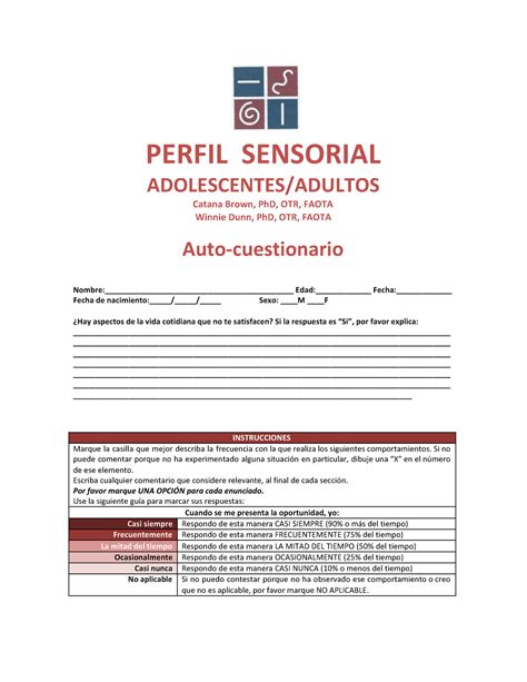 Perfil Sensorial Adolescentes Y Adultos Perfil Sensorial Adolescentes