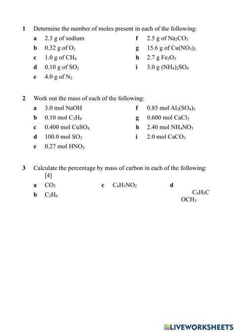 Worksheet On Calculating Moles And Masses For Igcse Pdf Worksheets Library