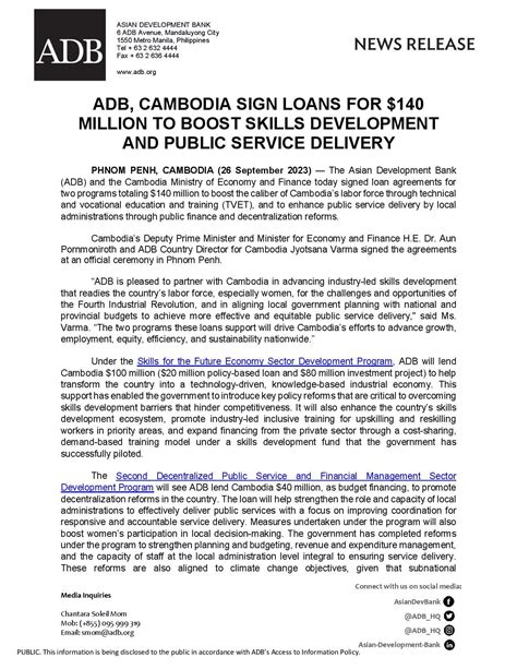 Cambodia Adb Sign Loans For 140m To Boost Skills Development And