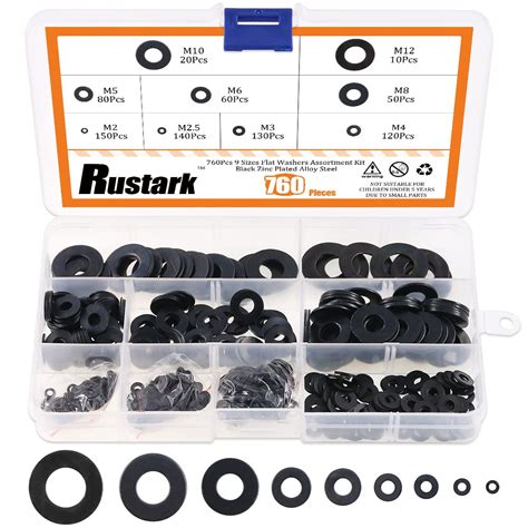 Rustark 760 Pcs 9 Sizes Black Zinc Plated Alloy Steel Flat Washers