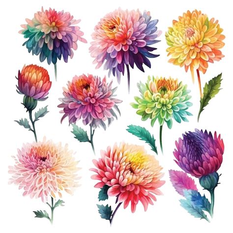 Conjunto De Pintura De Acuarela De Flores De Crisantemo Vector Premium