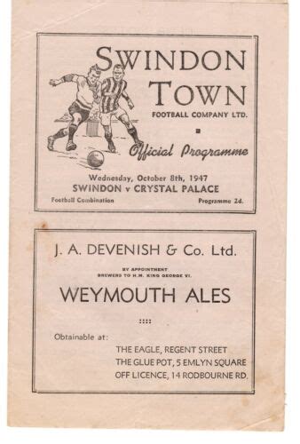 Swindon Town V Crystal Palace Reserves Programme 8 10 1947 EBay