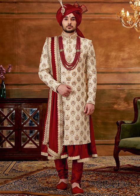 Cream Embroidered Anarkali Style Sherwani For Groom Mw