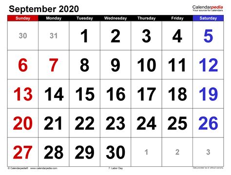 September 2020 Calendar Templates For Word Excel And Pdf