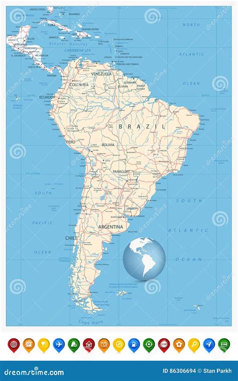 Detailed South America Map And Location Pin Icons Stock Vector