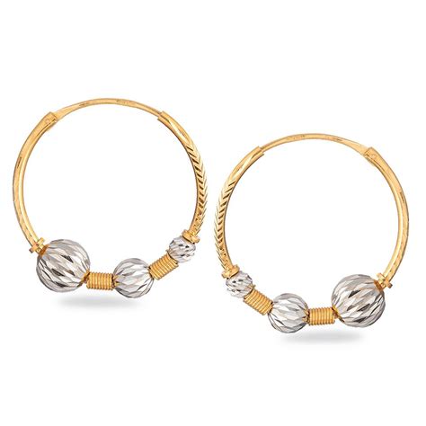 22ct Real Gold Hoop Earrings With Rhodium Polish Balls