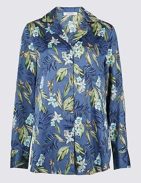 Marks And Spencer Floral Print Satin Long Sleeve Shirt Satin Long