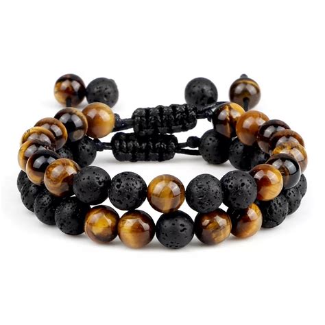 Pulsera Cuarzo Ojo De Tigre Piedra Volcanica Tejida Unisex Estuche