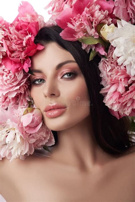 Beautiful Brunette Woman With Peony Flowers Natural Cosmetics And Makeup Perfect Skin Stock