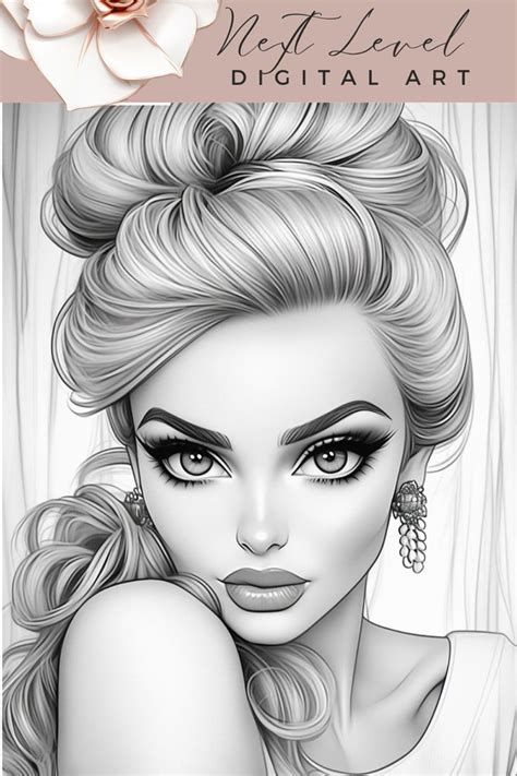 ADULT COLORING PAGES IN BEAUTIFUL GRAYSCALE HIGH FASHION HAIRSTYLES AND