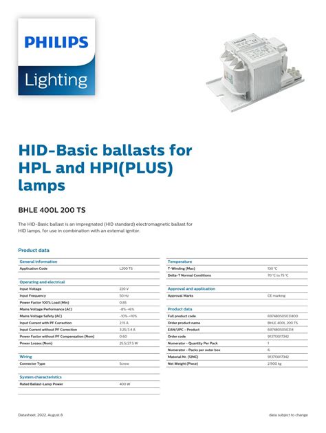 PHILIPS HID BALLAST BHLE 400L200 TS 913713017342 BMT Lighting PHILIPS