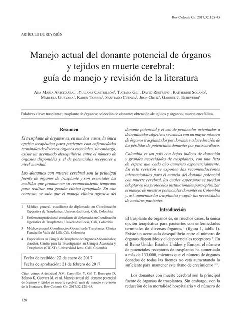 PDF Manejo actual del donante potencial de órganos y cerebral en