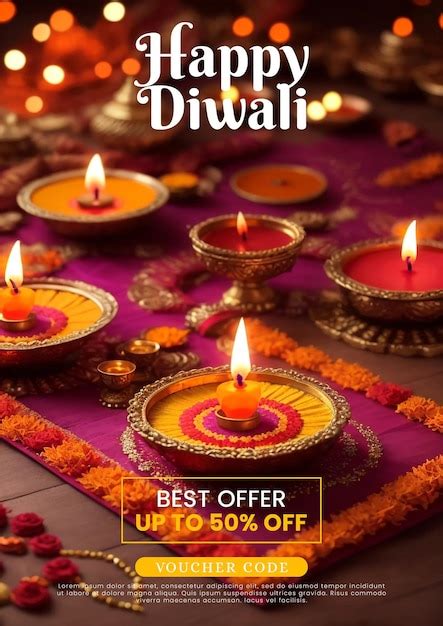 Folleto del feliz festival indio diwali con velas celebración del