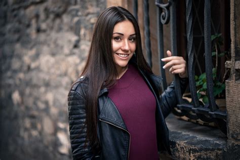 Black Coat Straight Hair Depth Of Field Portrait Smiling Brunette