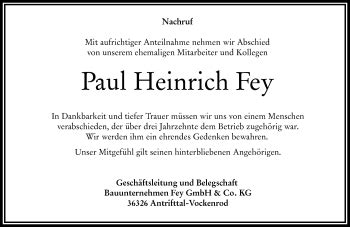 Traueranzeigen Von Paul Heinrich Fey Vrm Trauer De