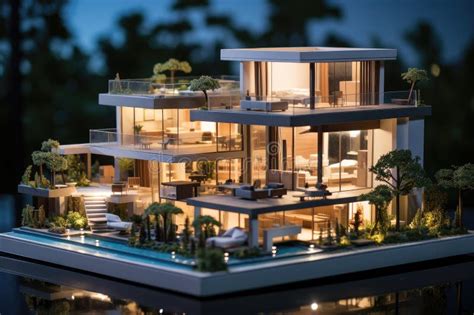 D Rendering Of A Beautiful Modern House At Night Light Stock