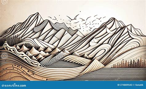 Abstract Mountain Line Art Landscape By Generative Ai Stock