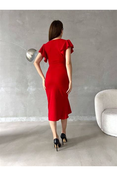 Secret Passion Lingerie Kırmızı Renk Volanlı Kruvaze Yaka Simli Abiye Elbise 121 Fiyatı