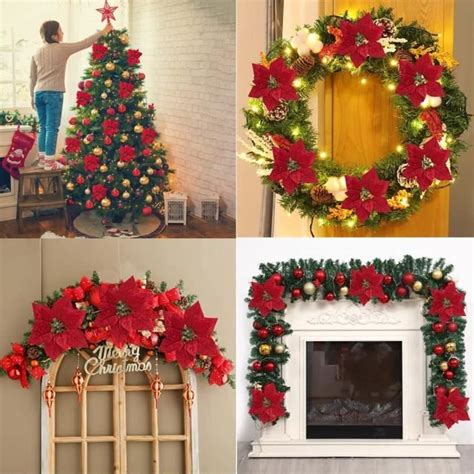 15 Pcs 22cm Fleurs De Noël Artificielles Briller Noël Arbre Poinsettias