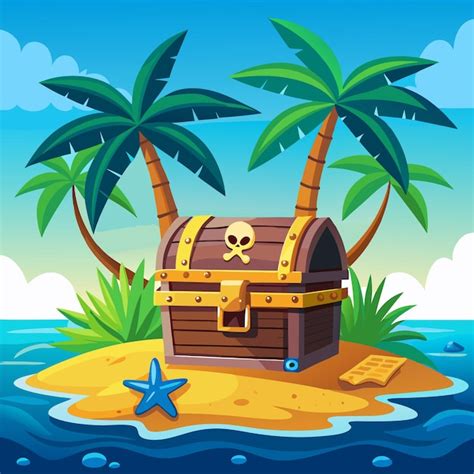 A Cartoon Illustration Of A Pirate Island With A Pirate Ship And Palm