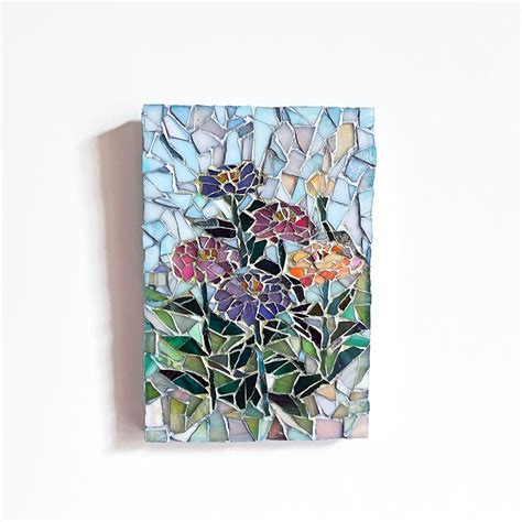 Multi Color Zinnia Flowers Stained Glass Mosaic Wall Art Etsy