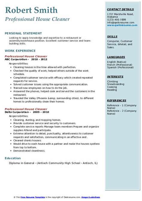 Professional House Cleaner Resume Samples QwikResume