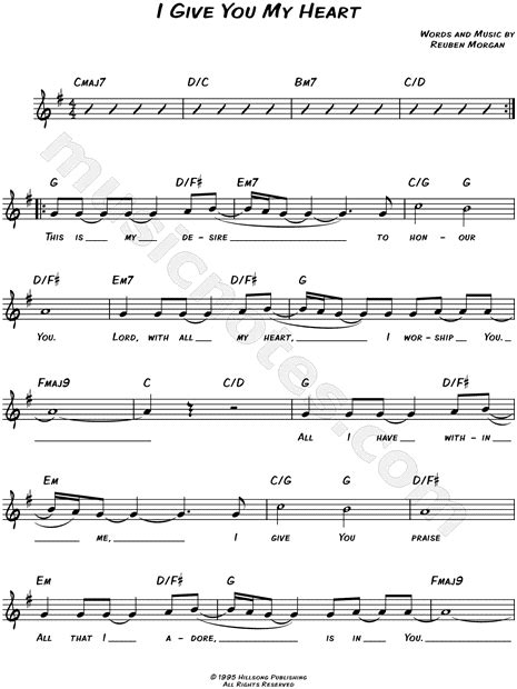 Hillsong I Give You My Heart Sheet Music Leadsheet In G Major