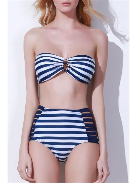 2018 Strapless Striped High Waisted Bikini Set In BLUE AND WHITE L ZAFUL