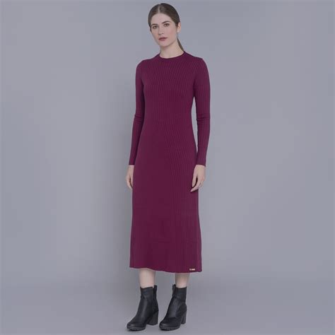 Vestido de inverno bordô canelado manga longa - Fiero