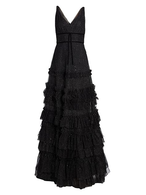 Marchesa Notte Glitter Tulle Tiered Gown In Black Save Lyst