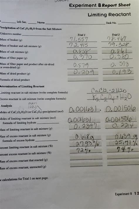 Solved Experiment 8 Report Sheet Limiting Reactant Lab Sec