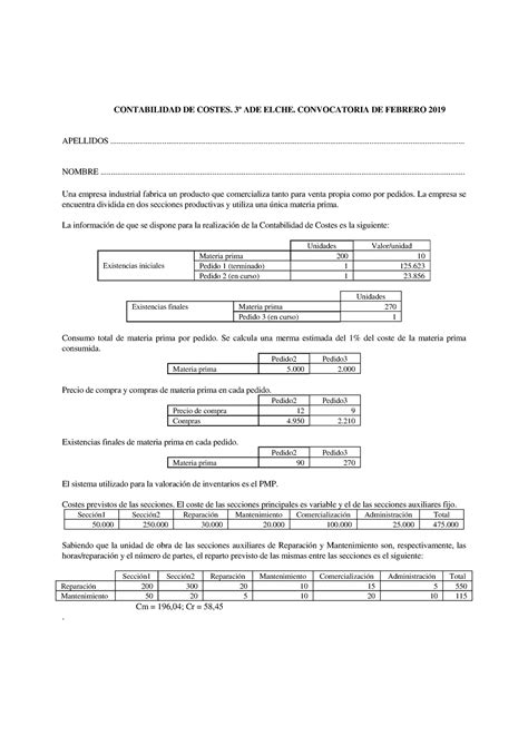 Examen De Contabilidad De Costes Contabilidad De Costes