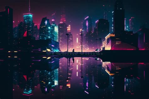 Futuristic Cityscape With Neon Lights At Night Generative Ai Stock