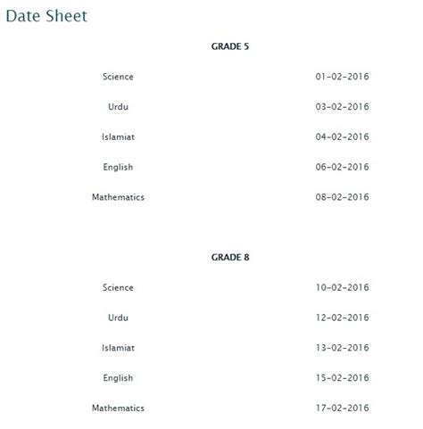 Date Sheet 5th And 8th Grade Exam 2016 • Galaxy World