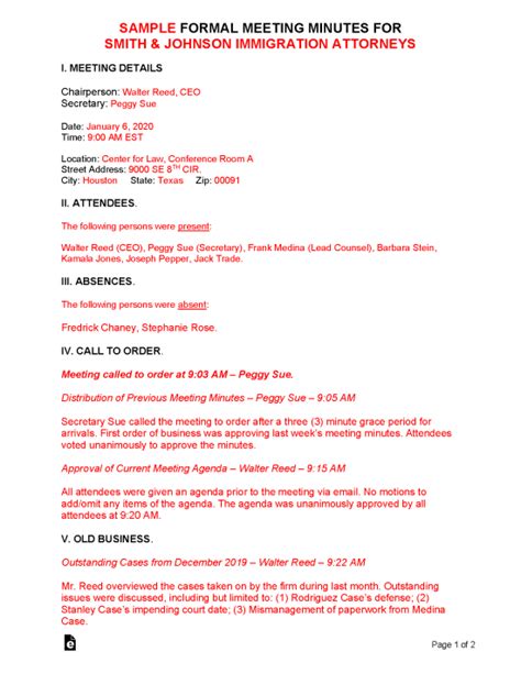 Free Formal Meeting Minutes Template Pdf Word Eforms