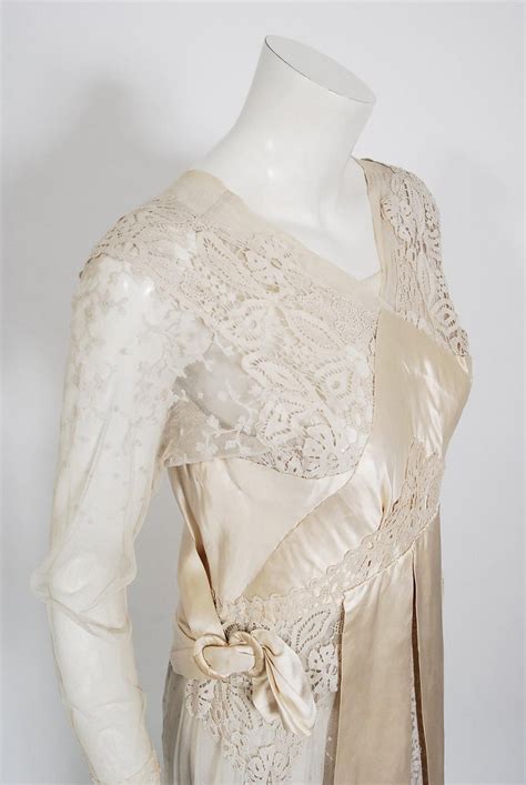 Vintage 1910s Edwardian Couture Ivory Mixed Lace Draped Layered Bridal