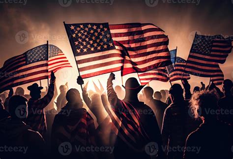 Group Of People Waving American Flags In Back Lit 25472429 Stock